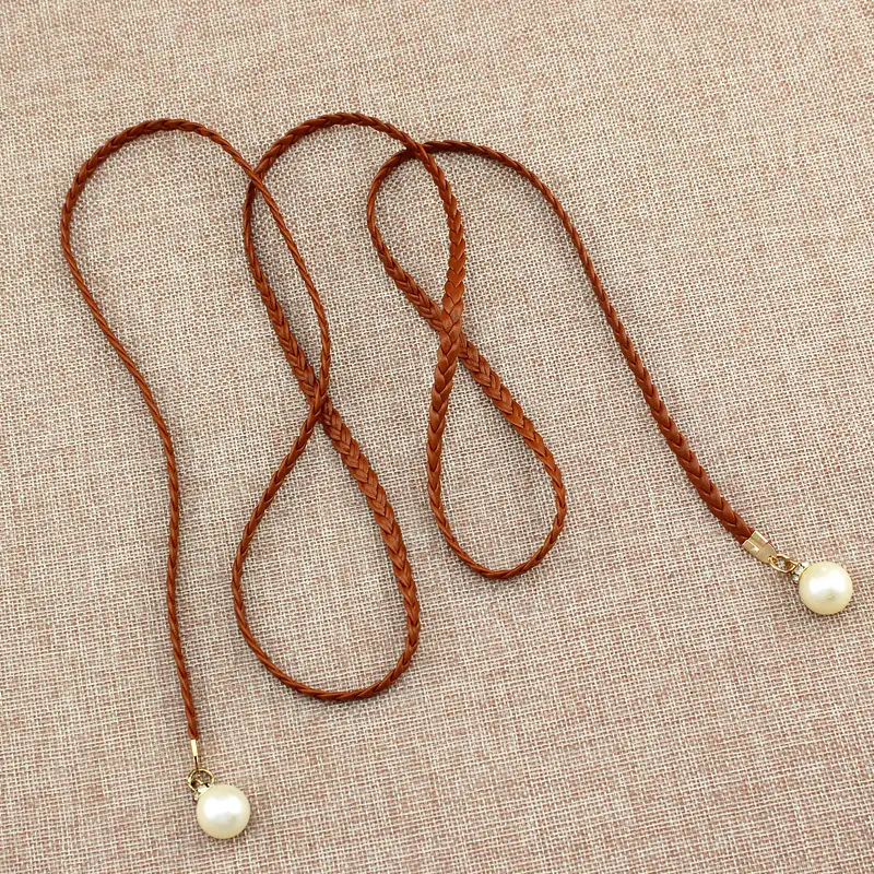 [Thin Belt for Women's Sweet Dress] Korean Style Woven Thin Belt Women's All-match Decorative Waist Rope Women's Sweet Dress Knotted Waist Chain Skirt Belt Pearl Waist Decoration