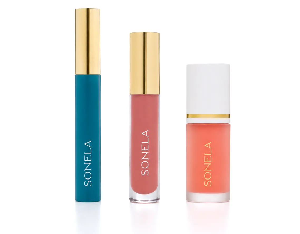 Sonela 3-Piece Makeup Set | Dewy Liquid Blush, Lengthening Mascara & Peptide Lip Plumping Gloss | Acne-Safe, Hypoallergenic, Hydrating with Hyaluronic Acid | Smudge-Proof, Lightweight, Natural Glowing Finish | Everyday Makeup Essentials