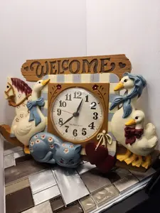 Vintage Burwood New Haven Welcome Wall Clock Geese Cat Rocking Horse Hearts - HN