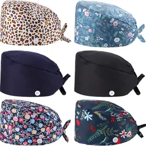 6 Pack 100% Cotton Bouffant Scrub Caps Surgical Working Hats with Buttons and Sweatband Adjustable Tie Back Nurse Caps for Men and Women