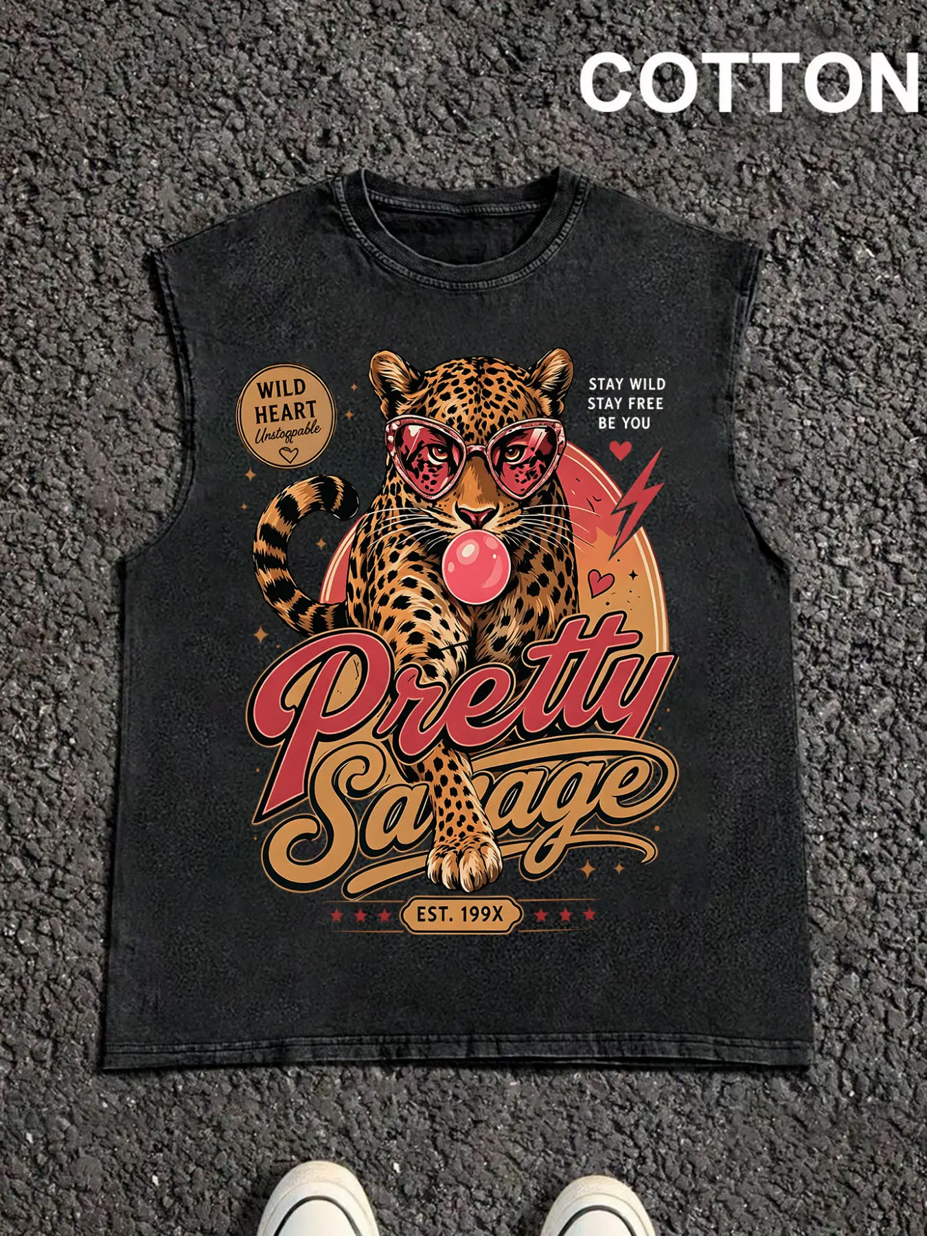 1 pc American retro leopard letter print washed distressed sleeveless vest for men and women, loose fit, pure cotton streetwear casual top