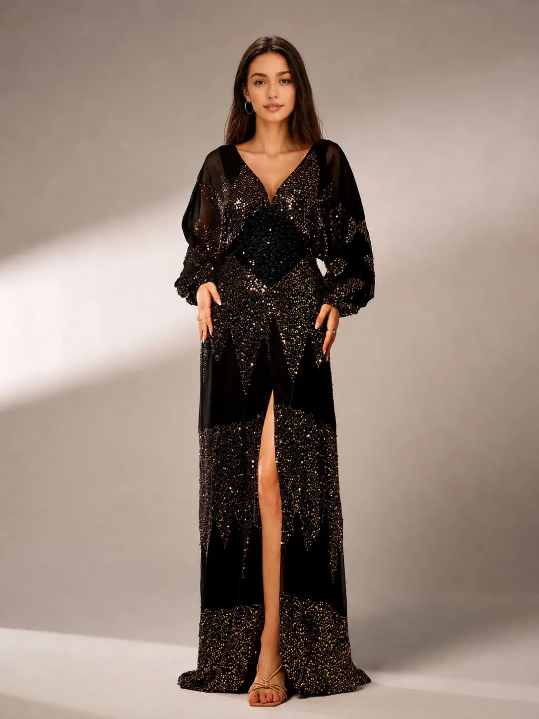 Elegant Lantern Sleeve V-Neck  Split Prom  with Alluring Sequin Detail and Glamorous Design Formal Womenswear Party Workwear evening maxi rehearsal dinner dress sexy slit high african clothing