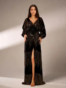 Elegant Lantern Sleeve V-Neck  Split Prom  with Alluring Sequin Detail and Glamorous Design Formal Womenswear Party Workwear evening maxi rehearsal dinner dress sexy slit high african clothing