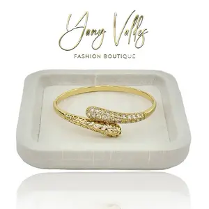 Gold Plated Open Bangle Bracelet Medium Size with Zirconia