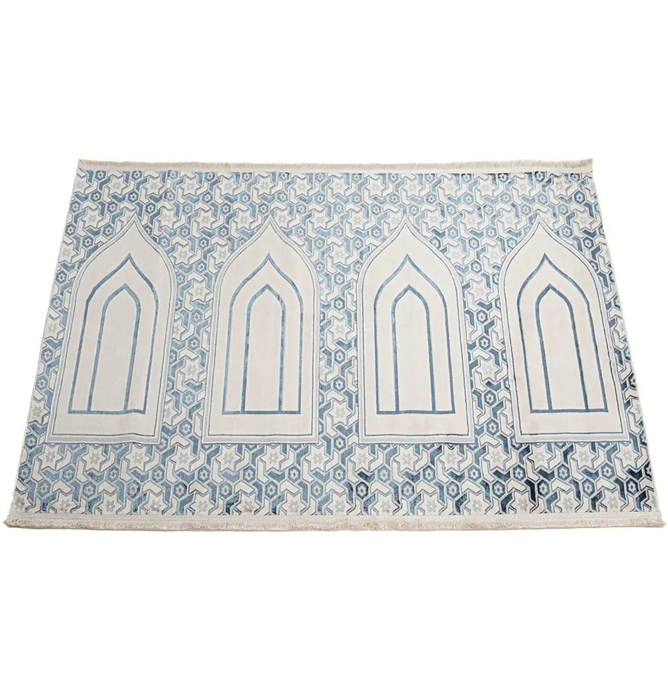 Wide 4 Person Masjid Islamic Prayer Rug - Serenity Garden Blue & White