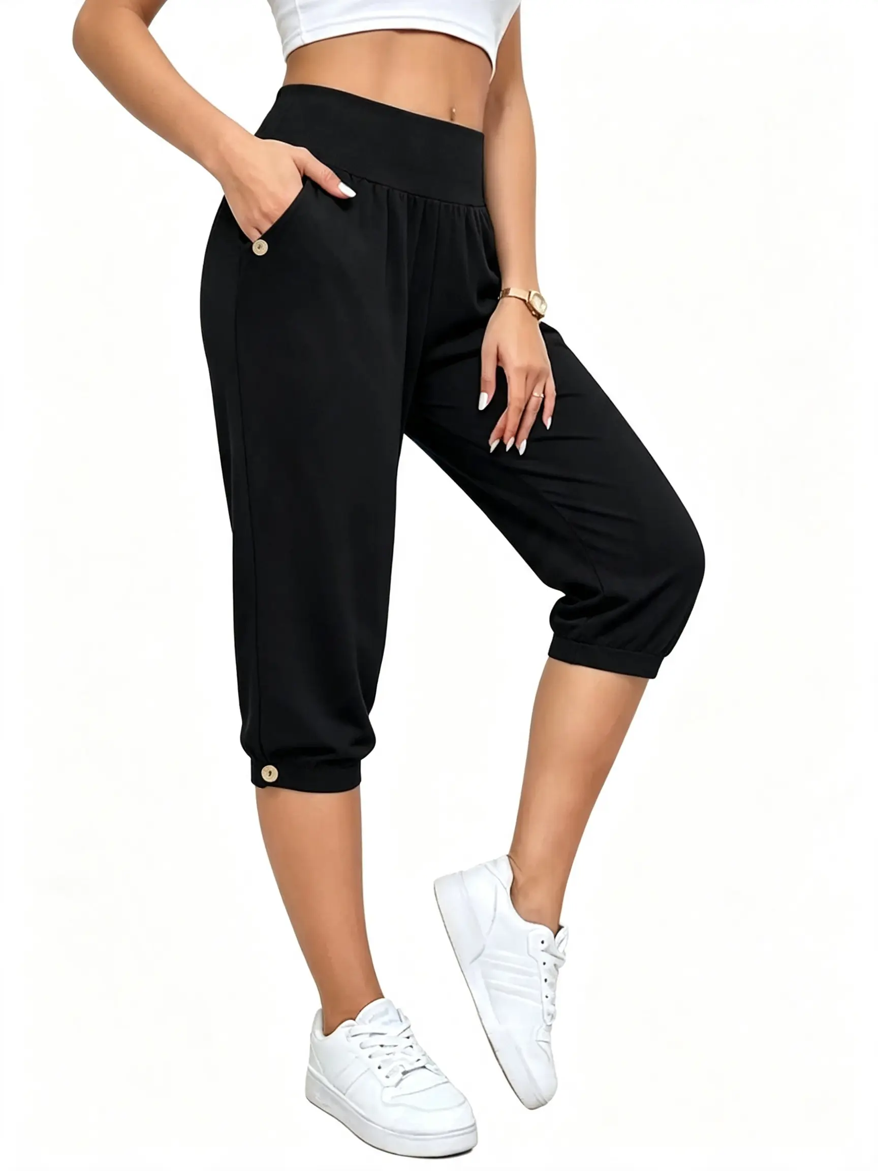 Women's High-Waisted Loose Gym Capris - Comfortable Stretch Fabric Bottoms, Lightweight Pull-On Side Split Casual Summer Athletic Fits Style Cropped Pants