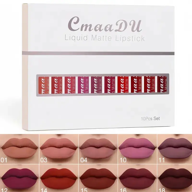 10Pcs Regular Edition Matte Finish Lipstick & Lip Gloss Set - Liquid Lip, Lipgloss Lipstick, Assorted Shades, Long-Lasting, Waterproof, Non-Stick, Easy-To-Apply, Alcohol-Free Makeup for Beginners, Combination Skin, 18-Month Shelf Life Lip Color Lip Produc