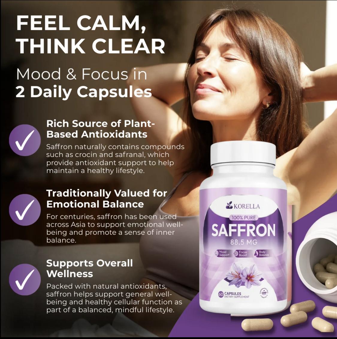 Korella Saffron Extract [88.5mg] for Stress, Mood & Focus – Natural - Mood & Focus & Body Balance in 2 Daily Capsules