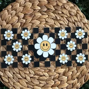Happy Flower UV DTF Cup Wrap - Fun Checkerboard Design with Smiley Flowers on Black Squares