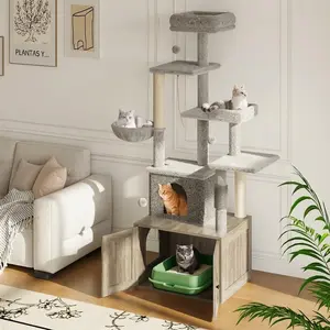 2-in-1 Cat Tree with Hidden Litter Box Enclosure, Modern Wooden Cat Condo with Hammock, Scratching Posts, Top Perch & Storage