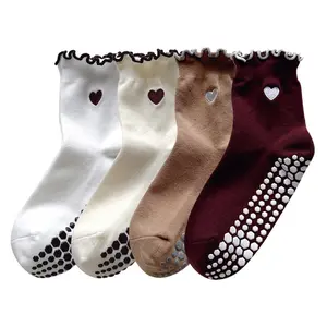 Women's Mid-Calf Socks for Women, Yoga & Pilates Socks with Heart Embroidery, Lace Trim, Non-Slip Grip, Breathable Compression, Pastel Polka Dot Flower Design, Ideal for Fitness & Party Wear Big Size