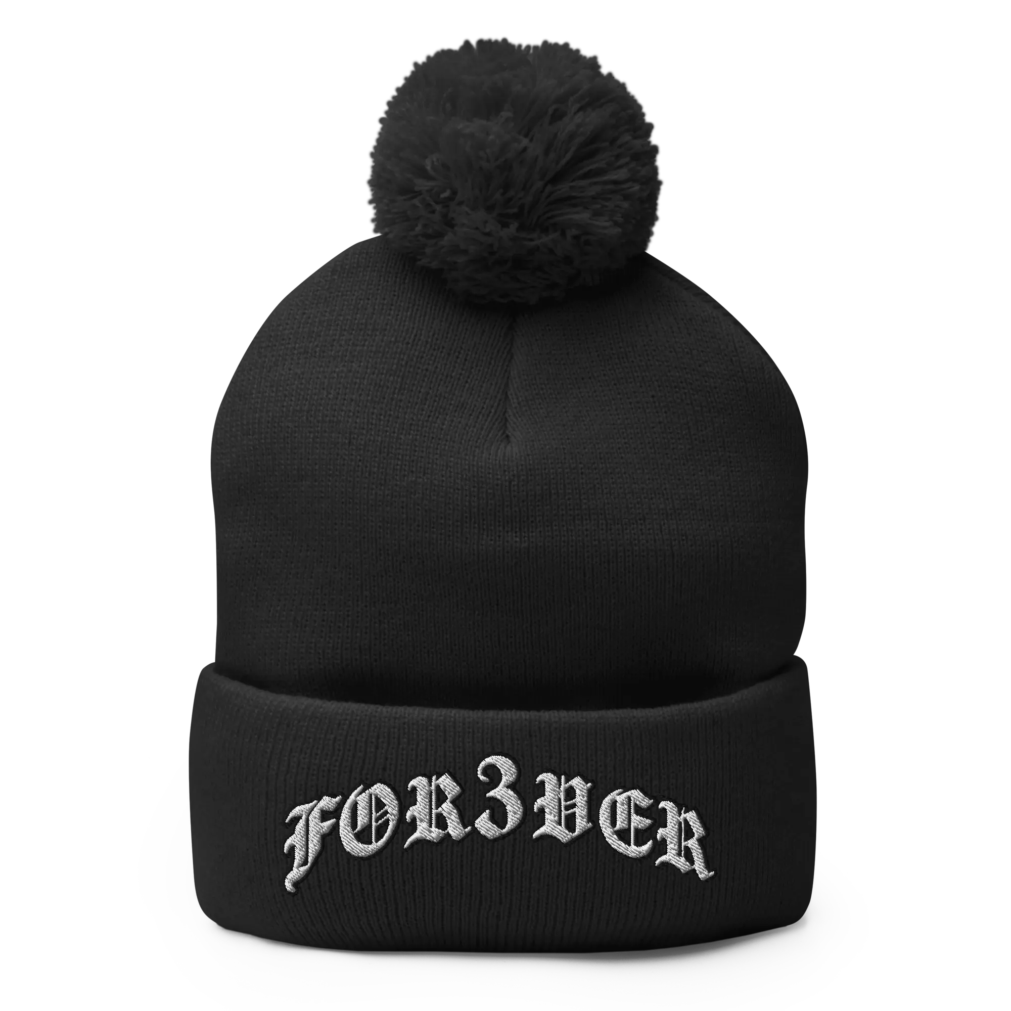 FOR3VER 3D Puff Embroidered Pom-Pom Beanie - Unisex 100% Acrylic One Size Fits Most Cold Weather Knit Hat with 12" Fold-Over Cuff