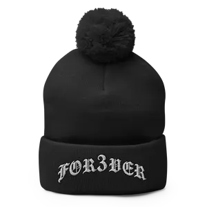 FOR3VER 3D Puff Embroidered Pom-Pom Beanie - Unisex 100% Acrylic One Size Fits Most Cold Weather Knit Hat with 12" Fold-Over Cuff