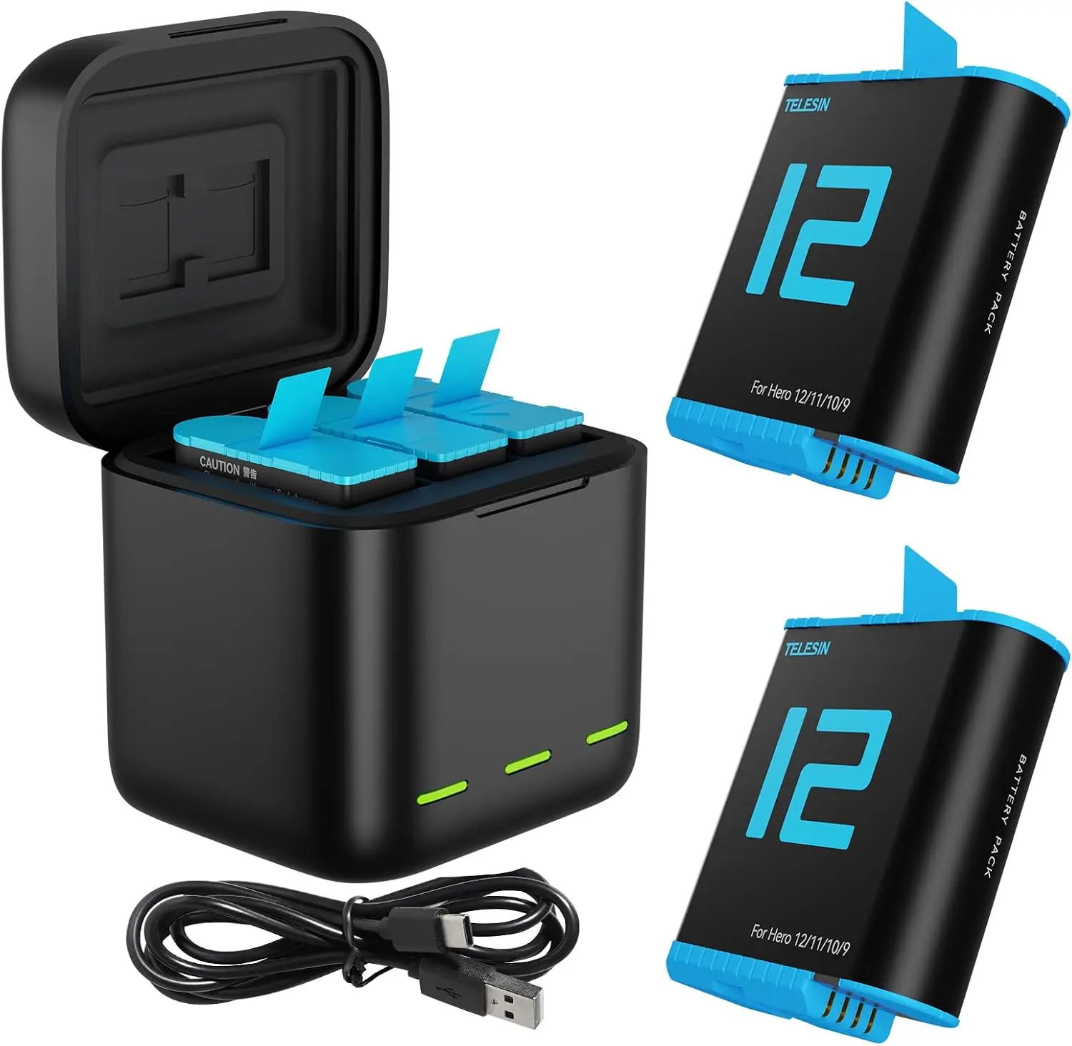 TELESIN 2 Batteries + Triple-Slot Charger for GoPro Hero 12/11/10/9 | Compact USB-C charging case | Charge and store batteries together | Ideal for travel and longer shooting days