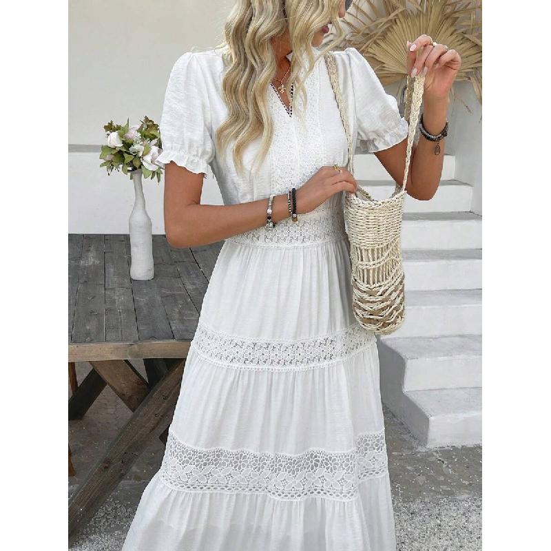Women's Solid Color and V-neck Short-Sleeved Lace Skirt Dress White Dress for Summer 2025 Elegant Fabric Embroidery Fit High Waist Womenswear
