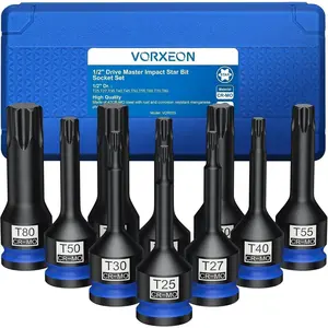 10 PCS 1/2" Drive Star Bit Set 42CRMO With Case, Torx T25 T27 T30 T40 T45 T50 T55 T60 T70 T80