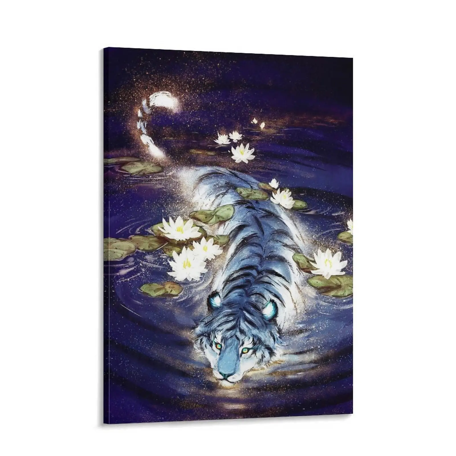 Mystical Blue Tiger Swimming Canvas Wall Art, Magical Water Lily Pond Poster, Fantasy Celestial Animal Print for Living Room Bedroom Decor