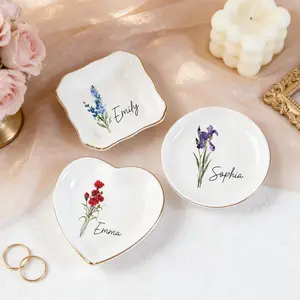 Personalised Birth Flower Ring Dish,mothers day gift ideas,teacher appreciation gifts, Watercolor Floral Trinket Dish for Her, Birthday Jewelry Dish, Bridesmaid Gift, Valentine's Day Gift