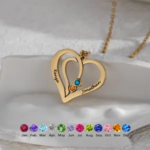 AS1792 Personalized Customization Double Love Engraving Two Name Pendant Stainless Steel Birthstone Love Couple Necklace Gift Men and Women