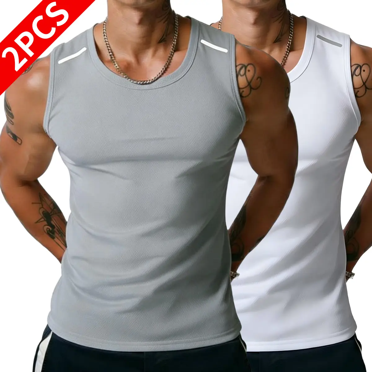 2PCS Men’s Wide-Strap Reflective Striped Vest, High-Stretch Breathable Muscle Tank Top, Heavyweight Drapey Fit Gym and Casual Sleeveless Shirt 2PCS Men’s Wide-Strap Reflective Striped Vest, High-Stretch Breathable Muscle Tank Top, Heavyweight Drapey Fit Gym and Casual Sleeveless Shirt