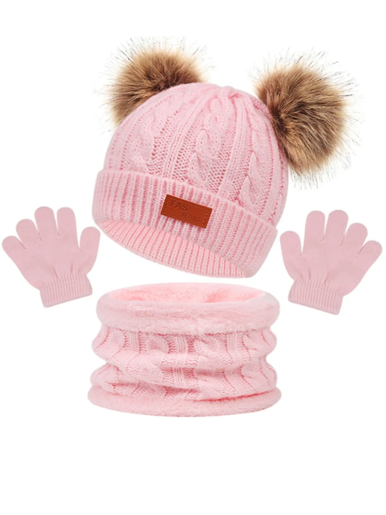 Unisex Cable Knit Beanie Hat & Gloves Set, Fashionable Winter Warm Accessories, Comfortable Faux Leather Tag Design