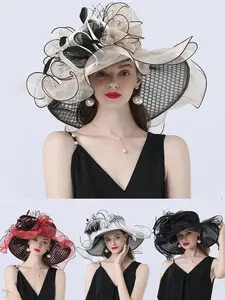 1pc Women Organza Butterfly Church Derby Hat Wide Brim Sun Hats For Wedding Tea Party Fascinator Hat For Women Ladies Elegant Lace Hat