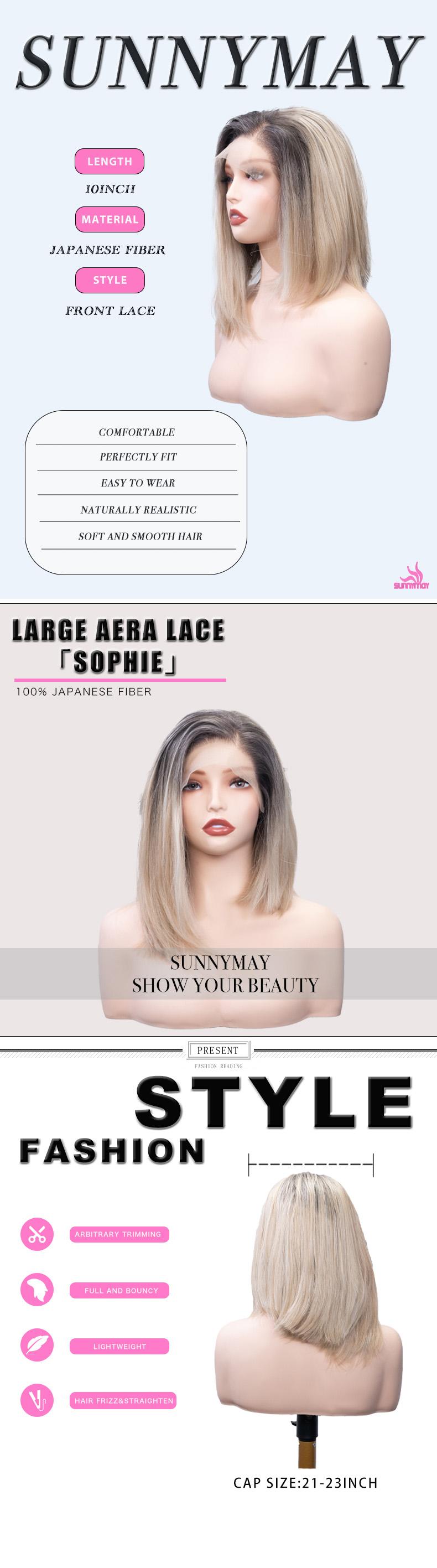 Sunnymay “Sophie Cashmere Blonde” layered cut women’s fashion synthetic wig, 13×4 lace front, no gel design, 120% low density, pre-cut lace, HD frontal highlight bob wig