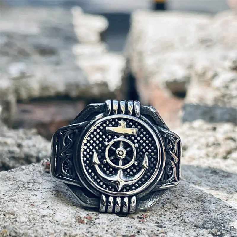 GTHIC Unisex Vintage Compass & Anchor Accents Durable Stainless Steel Maritime Ring - 13.1 g, 19.5 mm High, Ergonomic Fit Daily Jewelry for Ocean Lovers, Graduation Birthday Gift