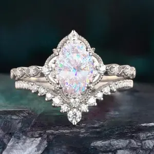 Elegant Oval Synthetic Opal Cubic Zirconia His Hers Wedding Ring Set Lace Crown Design Engagement Bridal Jewelry Valentine's Day Promise Gift