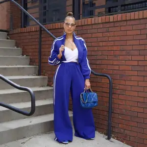 Spring/Summer 2025 New Women’s Two-Piece Casual Tracksuit Set with Side Stripes – Long-Sleeve Zip-Up Jacket and Wide-Leg Pants