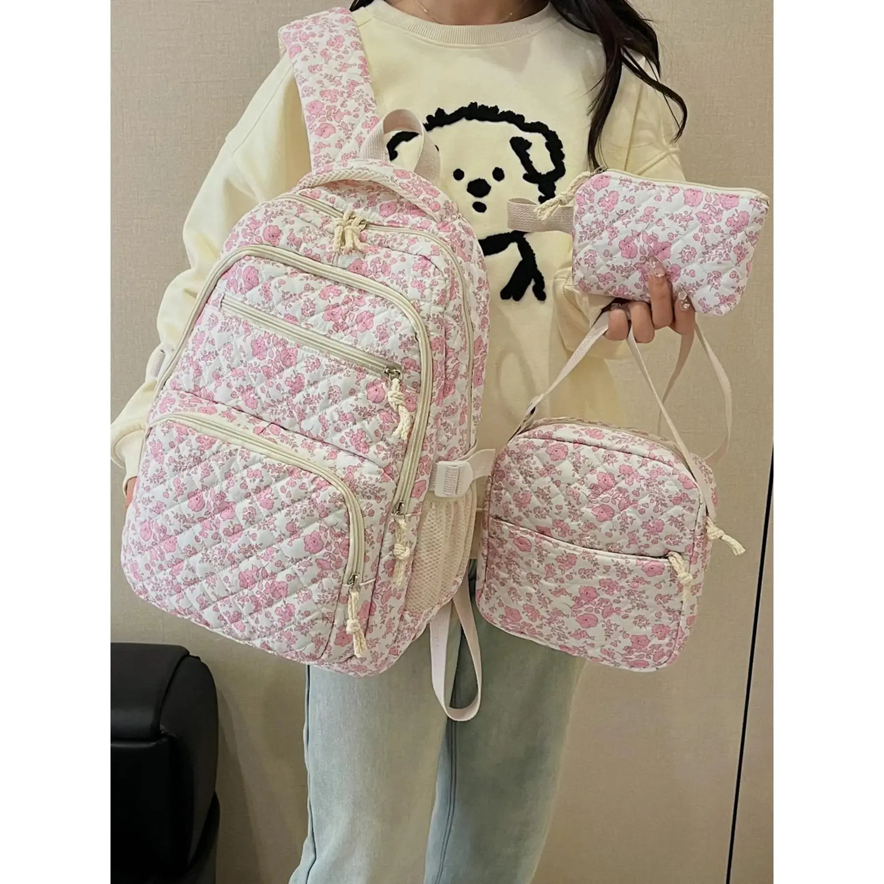 3pcs  Women's backpack with large capacity, zipper closure, flower print, fashionable and versatile, personalized and trendy, suitable for students to go to school, commute, shopping, women's backpack