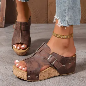 Women's Fashion Open-Toe Sandals Comfort Thick-Soled Slippers Casual Metal Buckle Beach Sandals