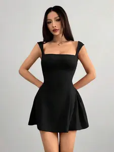 ANDRIEVA Women's Date Party Solid Color Red Mini A-Plump Square Neck Sexy And Elegant Waist Bud Dress,Rave Outfits Festival