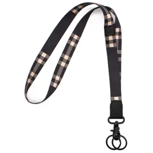 Plaid Neck Lanyard for Men and Women - Stylized Plaid Pattern on Black Background with High-Quality Leather and Metal Buckle Clips