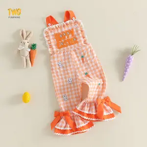 Toddler Baby Girl Easter Outfit Bunny Overalls Plaid Ruffle Bell-Bottom Overall Pants  Romper Casual