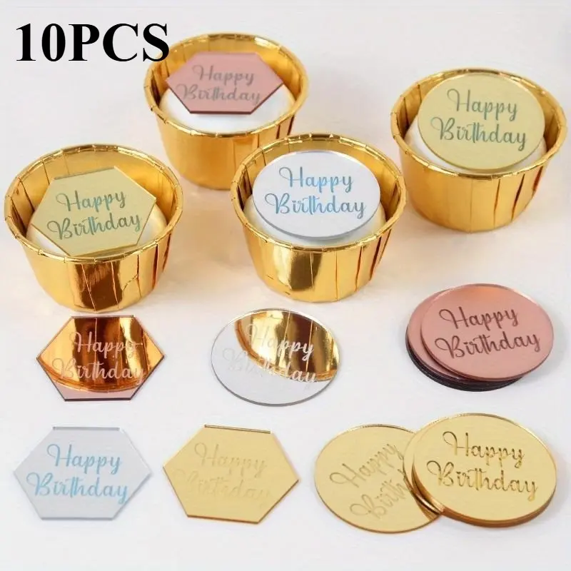 10pcs Happy Birthday Cake Toppers Gold Gold Acrylic Round Cupcake Toppers For Kids Birthday Baby Shower Party Cake Decor Tools, Cake Decorating Supplies, Cake Decoration Supplies