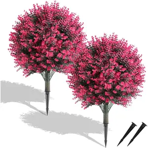 24" Set of 2 Artificial Boxwood Topiary Ball Bush for with Ground Spike, UV Resistant Faux Greenery Shrubs, Fake Rose&Green Boxwood Plants for, Yard, Porch,