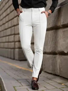 Men's Versatile Casual Solid Color Plain Fitted Business Casual Pants, Office Daily Wear Nine-Quarter Pants, Comfortable and Stylish, Perfect for Work and Leisure