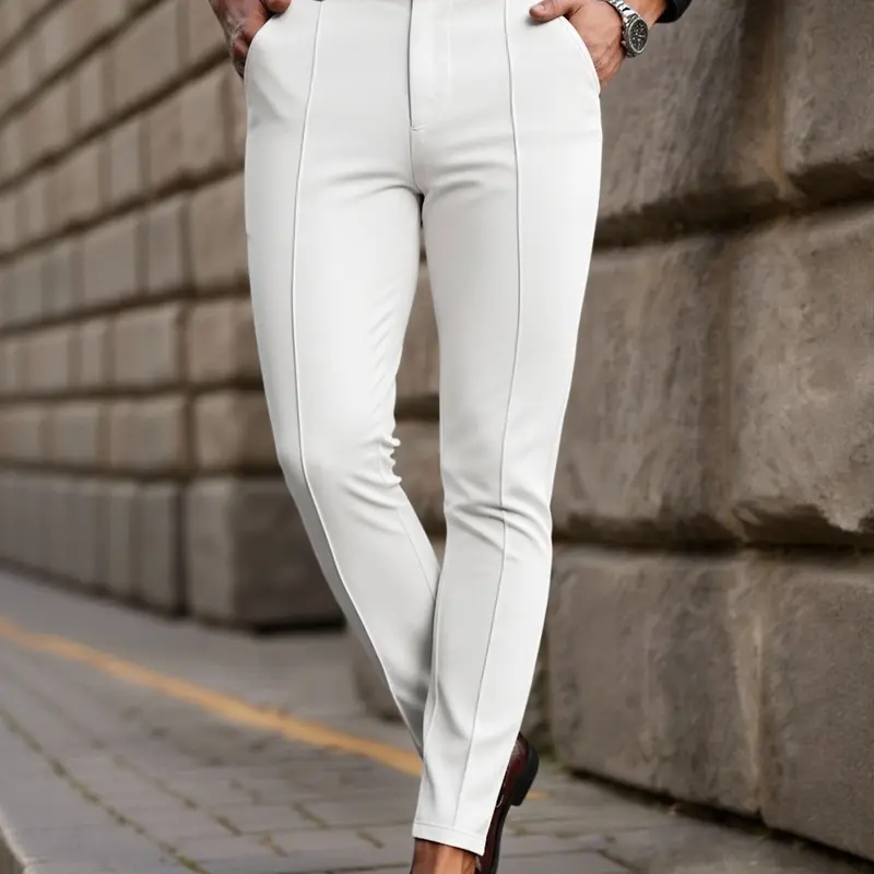 Men's Versatile Casual Solid Color Plain Fitted Business Casual Pants, Office Daily Wear Nine-Quarter Pants, Comfortable and Stylish, Perfect for Work and Leisure, Casual Plain Trousers, Casual Bottoms, Casual Stylish Clothing