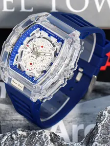 Men's Fashion Clear Watch, Casual Trendy Quartz Watch with Silicone Strap, Fashionable Wristwatch for Daily & Business Decoration As Gift with Box