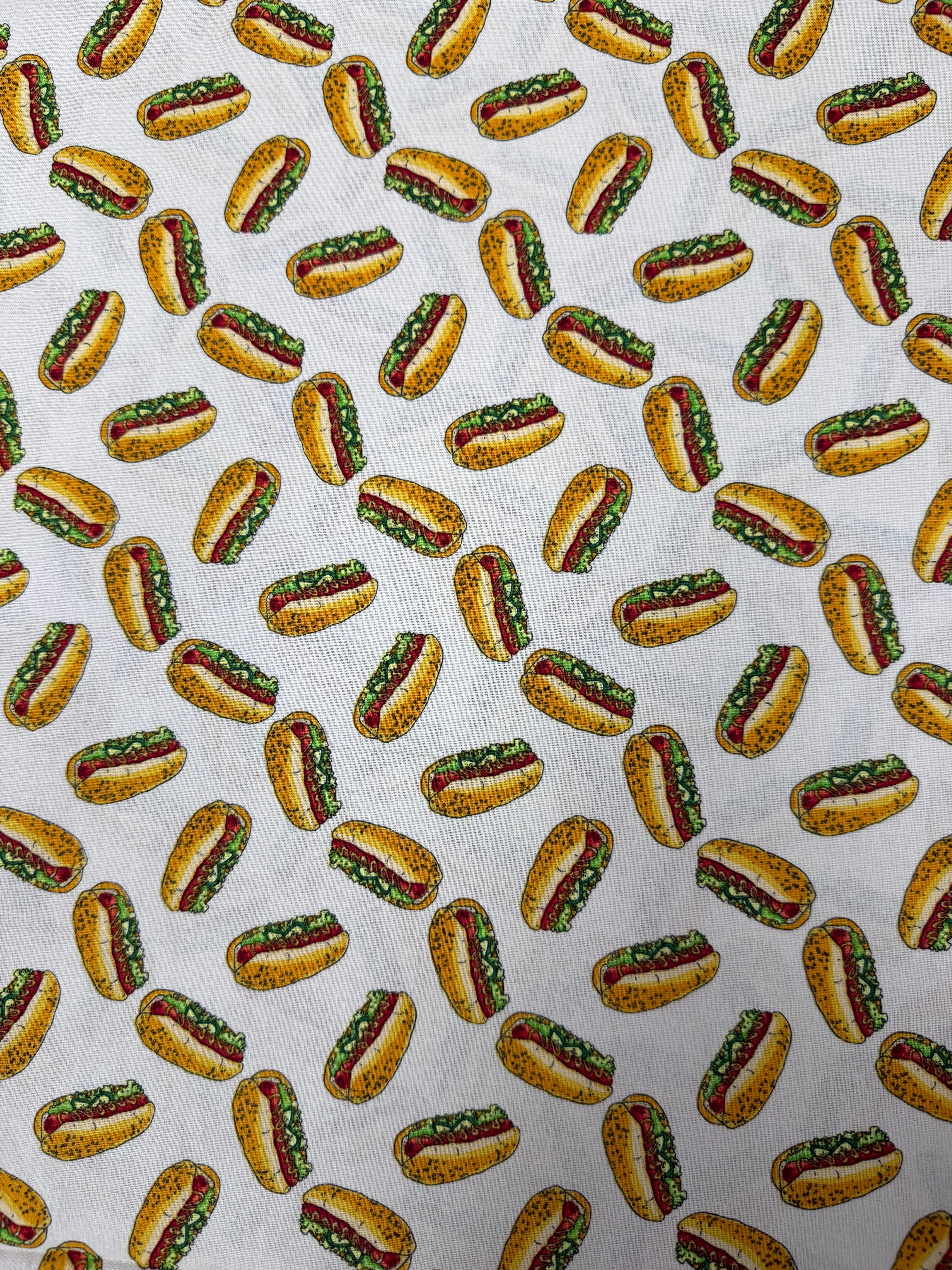 Playful Hot Dogs Food Motif Tossed Pattern Quilting Fabric, 8yd Continuous Cut