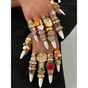 Women's Vintage Boho Style Rings Set, Colorful Gemstone Cat Eye Sunflower Heart Design, Perfect for Daily Wear Party Wedding Gift