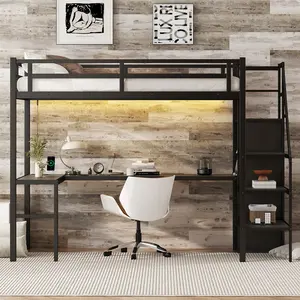 Twin XL Size Loft Bed with Stairs, L-shaped Desk and USB Ports, Metal Loft Bed Frame with LED Lights, Wardrobe and Adjustable Shelf, High Loft Bed Twin XL for Teens Adults, Black