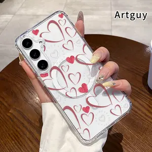 Hearts' Delightful Dance Pattern Magnetic Phone Case for  Samsung Galaxy S23 Ultra S24 Plus FE S25 S22+ Non-Yellowing Clear Crystal Drop-proof Slim Silicone Shockproof Transparent Acrylic Large Hole Cover Supports Wireless Charging