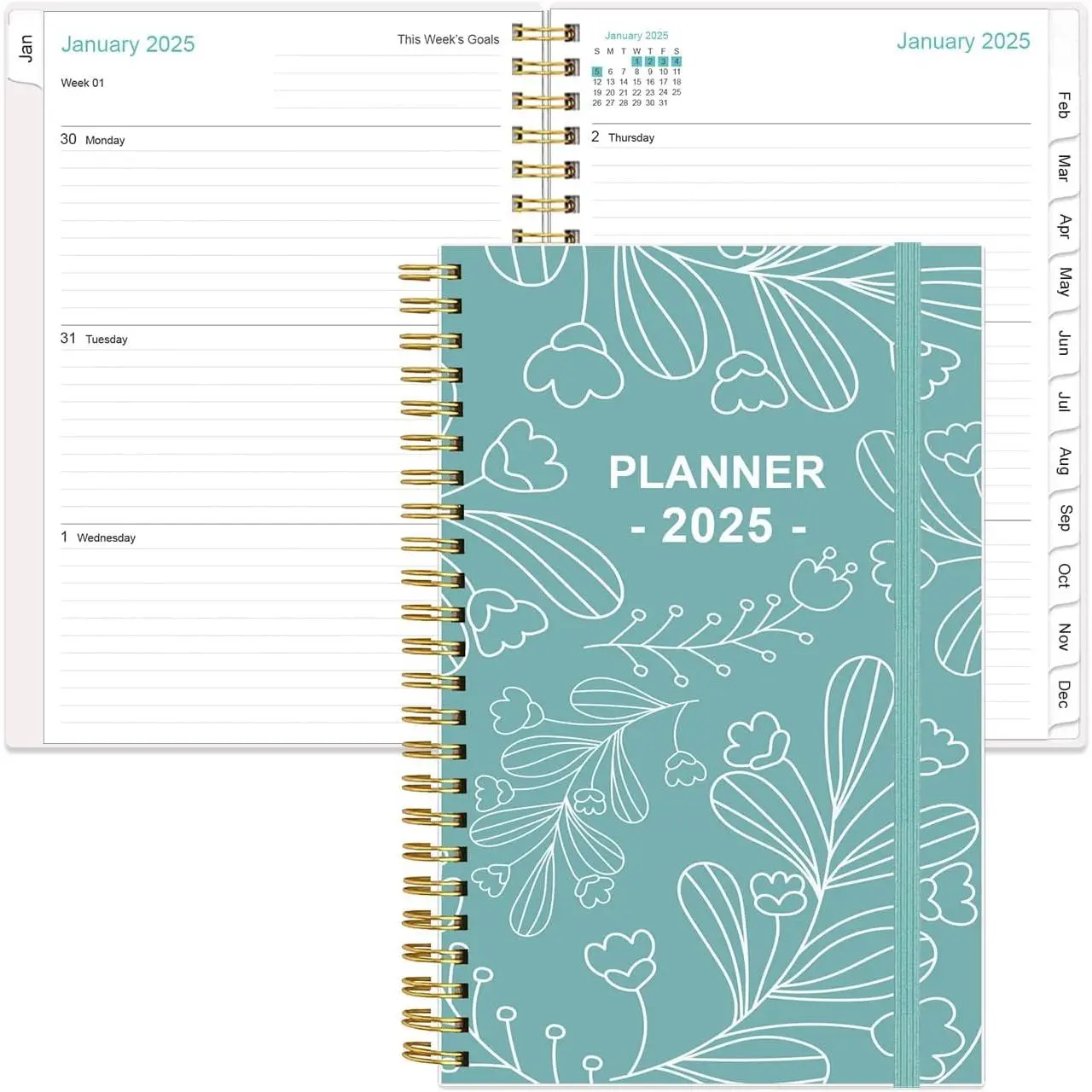 2025 Planner - Planner 2025 from January 2025 to December 2025, Planner 2025 with 12 Monthly Tabs, Inner Pocket, 6.4" x 8.5", Teal Leaf