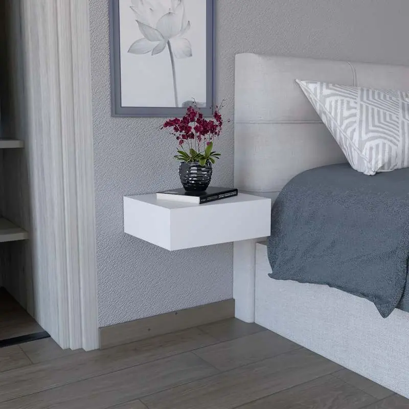 Milano Floating Nightstand End Table Side Table Wall-Mounted with Drawer -White -Bedroom