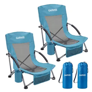 Low Beach Chair 2 Pack, Folding Portable Beach Chairs for Adults, Lightweight Extra Wide Seat Chair with Cup Holder, Storage Pocket & Carry Bag for Camping, Beach, Travel - 2PC