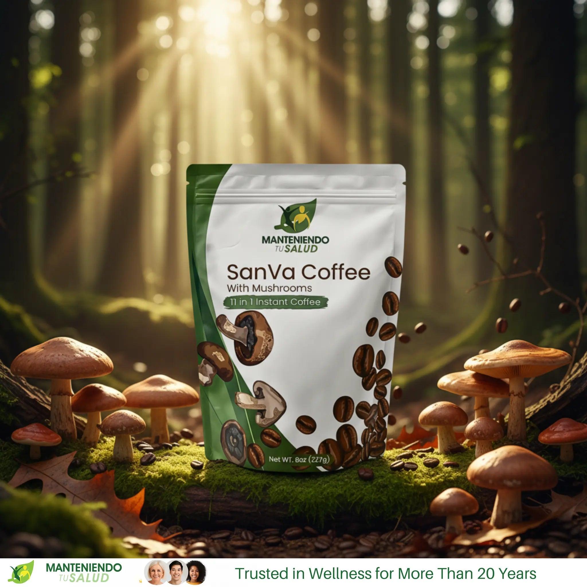 Manteniendo Tu Salud SanVa Instant Coffee with 11 Medicinal Mushrooms 8 Oz - Natural Energy Boost for Focus Stress Relief & Immune Support Beverage
