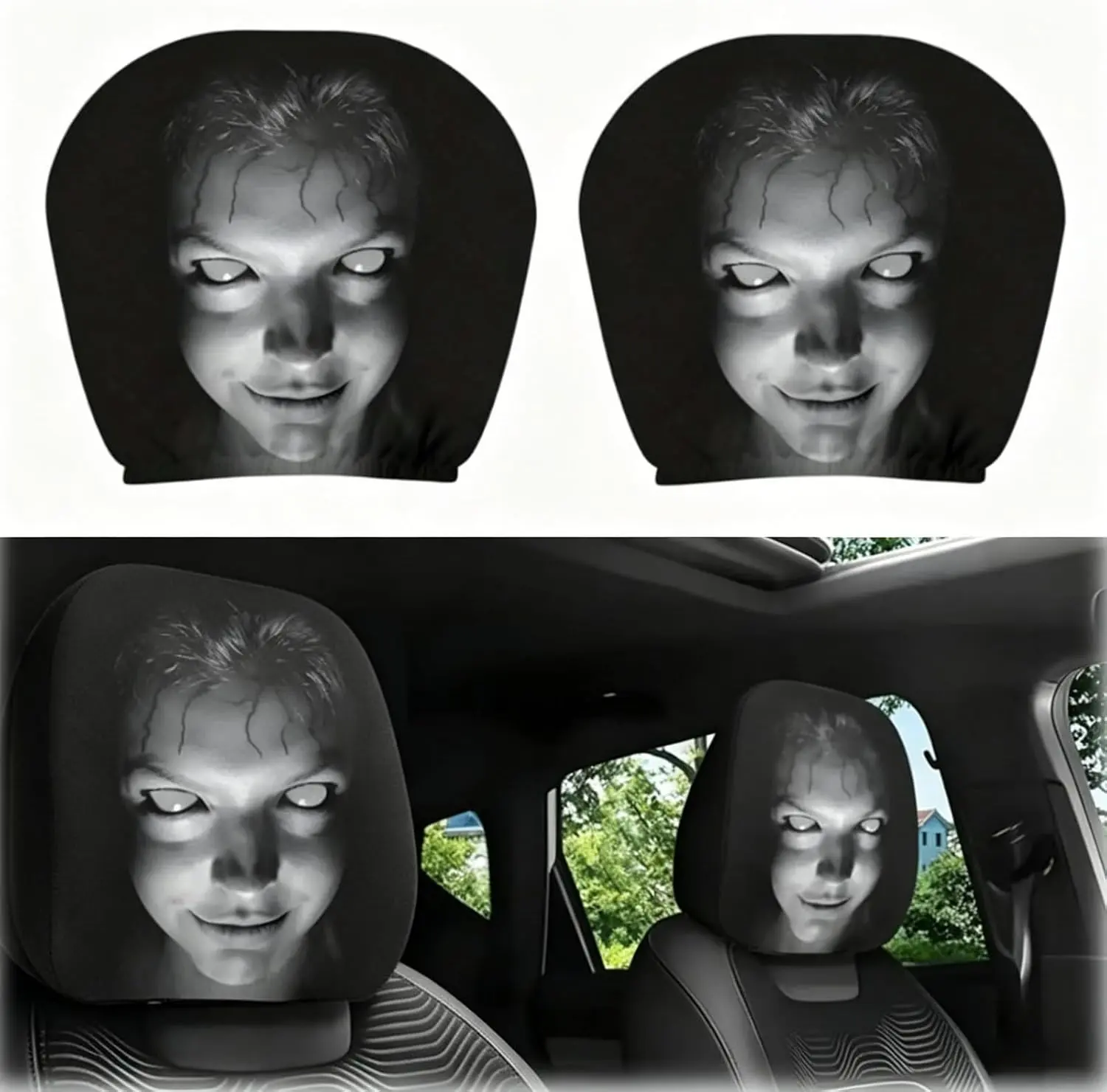 2-Piece Spooky ghost decoration Halloween Scary Headrest Covers For Cars – Universal Stretch Fit for Sedans, Trucks, SUVs, and Various Vehicle Interiors. Durable, Washable Seat Protectors – A Perfect Gift for Holiday Parties.