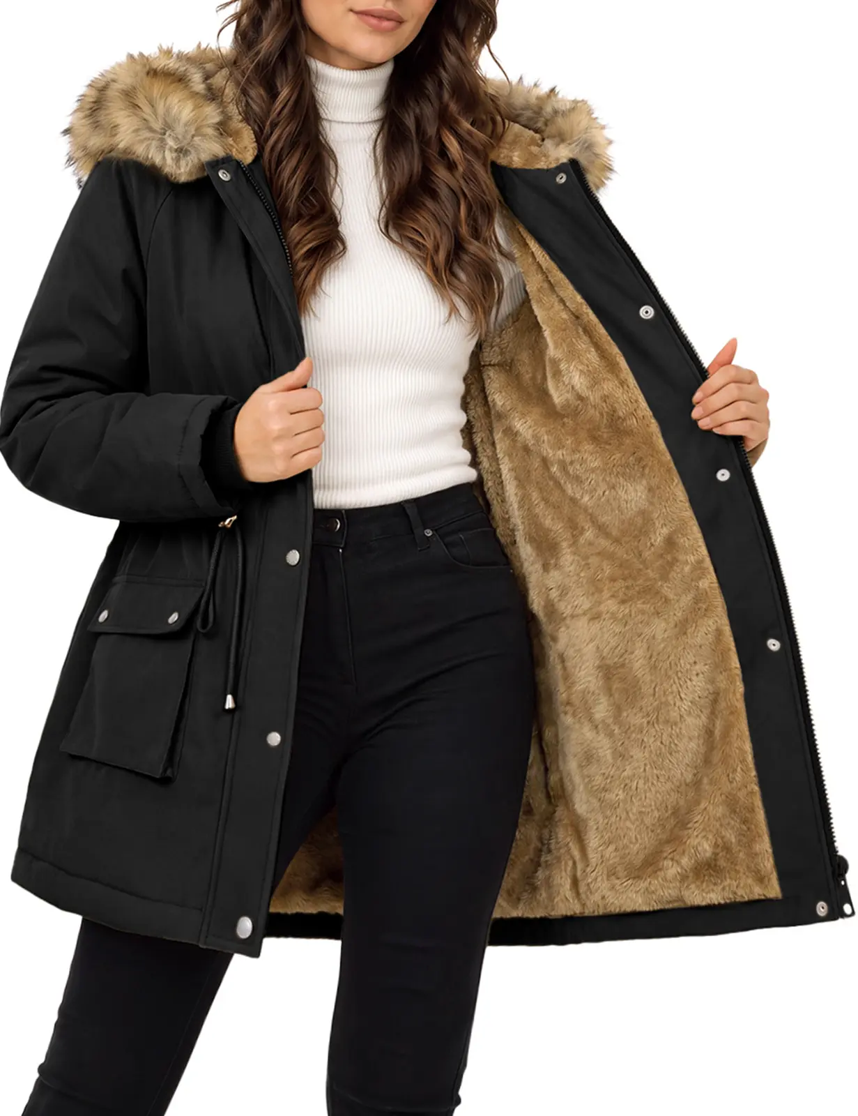 FASHORA Women's Winter Parka Coat with Faux Fur Hood, Long Sleeve Jacket with Adjustable Drawstring Waist and Front Pockets